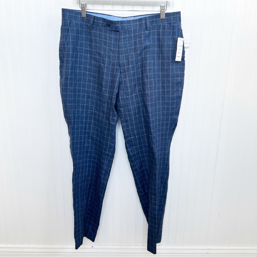 Tommy Hilfiger Navy Blue Windowpane Plaid Linen Flat Front Pants Men’s 36x30”